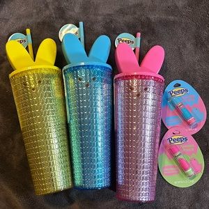 NWT PEEPS Pink, Blue, yellow Double wall straw tumbler.24.5oz & 2peep lip balms